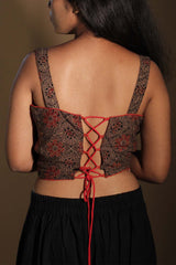 Moha |  Backless Lace-Up Blouse | Beige Floral Ajrakh with  Red Piping