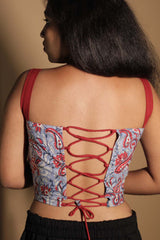 Moha | Backless Lace-Up Blouse |  Blue Sanganeri Red Straps