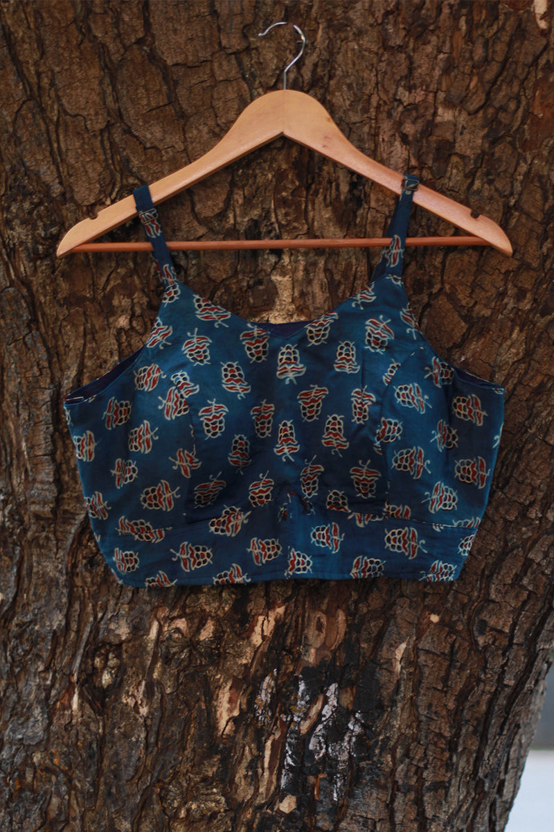 Spaghetti Blouse | Modal Silk | Indigo Floral Ajrakh