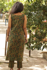 Vanya | Long Sleeveless Kurta | Green Floral Ajrakh