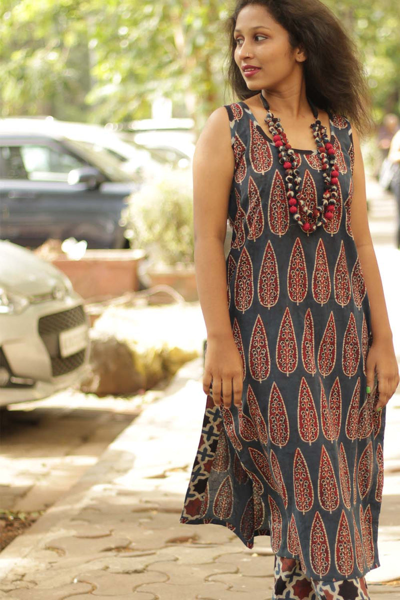 Vanya | Long Sleeveless Kurta | Blue Cypress Ajrakh