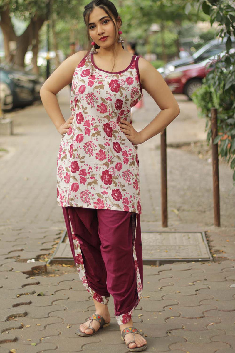 Spaghetti Short Kurta | Burgundy Floral Sanganeri