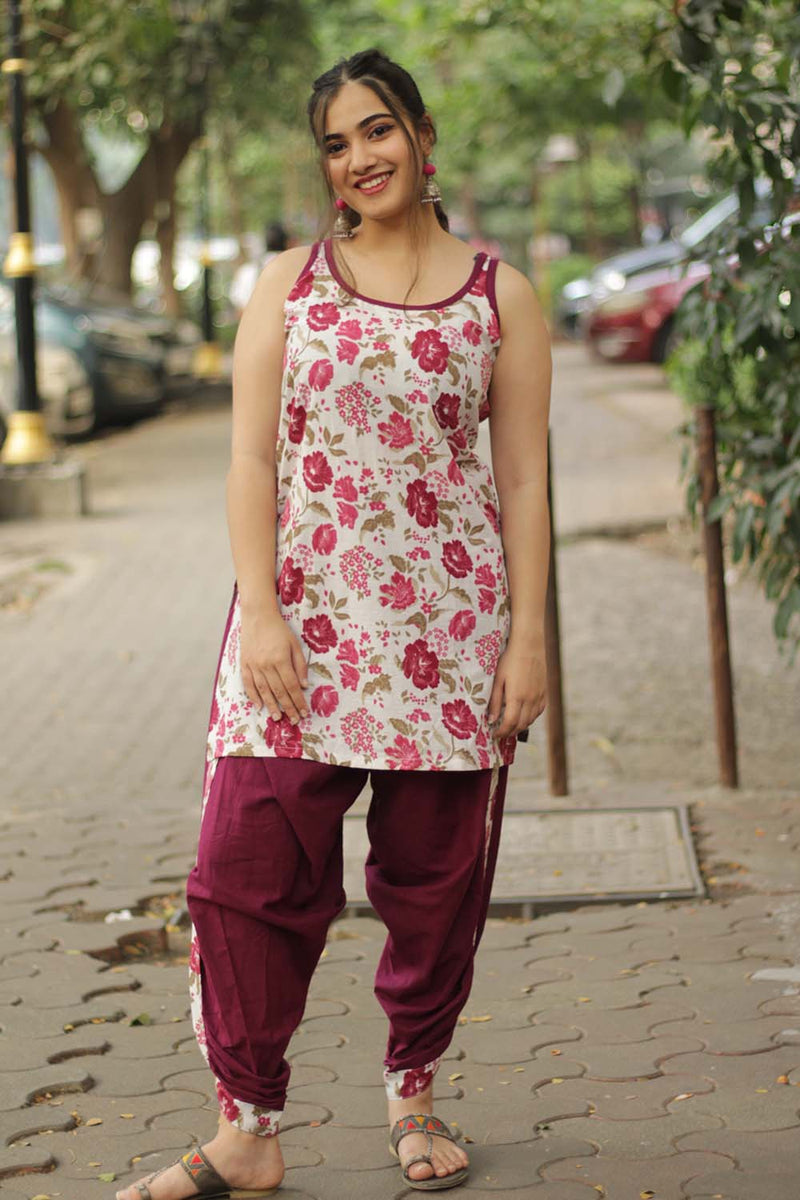 Spaghetti Short Kurta | Burgundy Floral Sanganeri