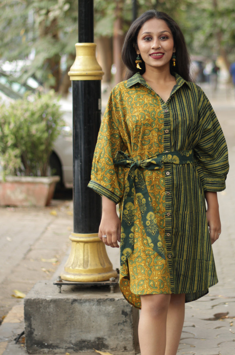 Maati | Belted Shirt Dress | Mustard Kairi & Stripes Ajrakh