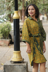 Maati | Belted Shirt Dress | Mustard Kairi & Stripes Ajrakh