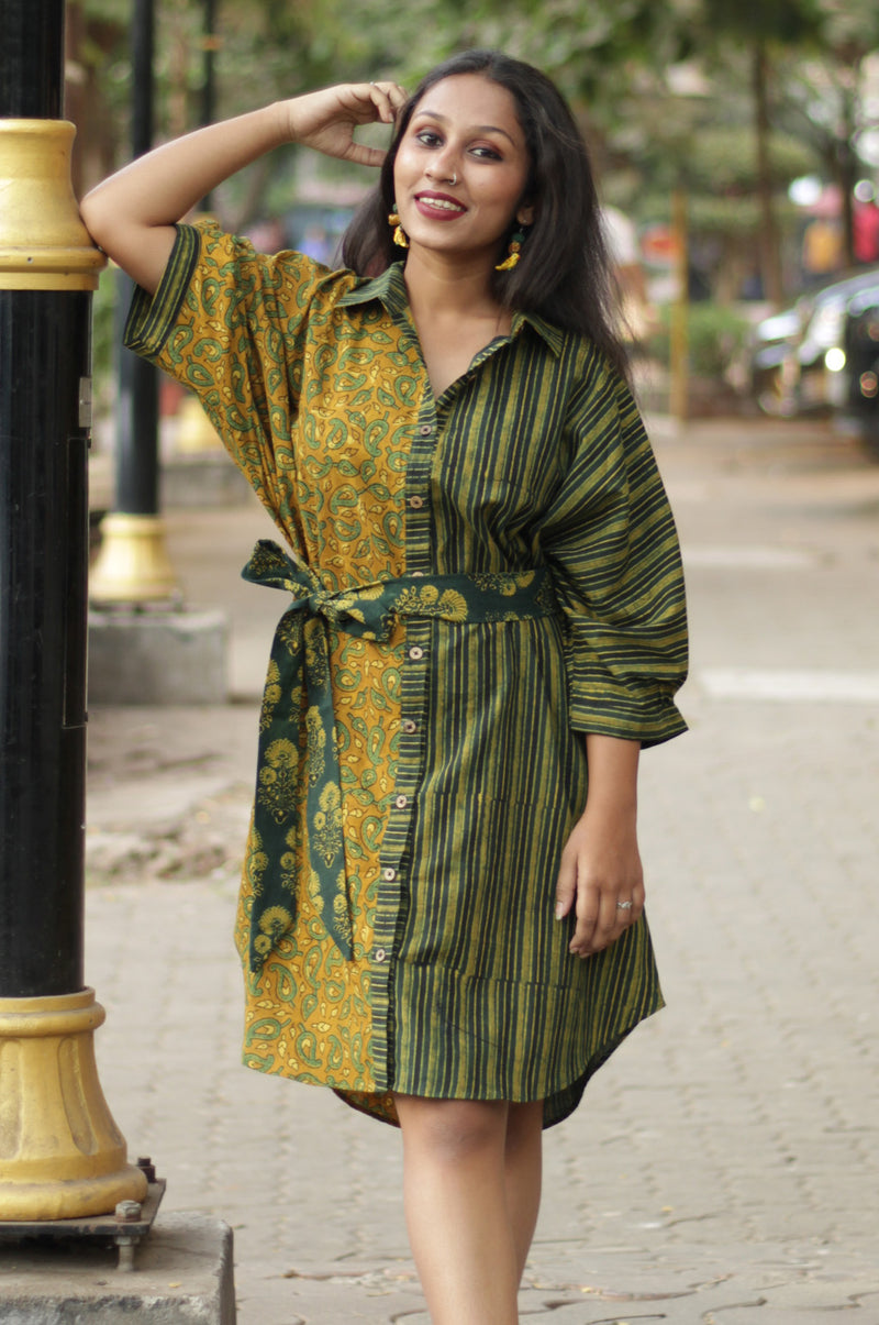 Maati | Belted Shirt Dress | Mustard Kairi & Stripes Ajrakh