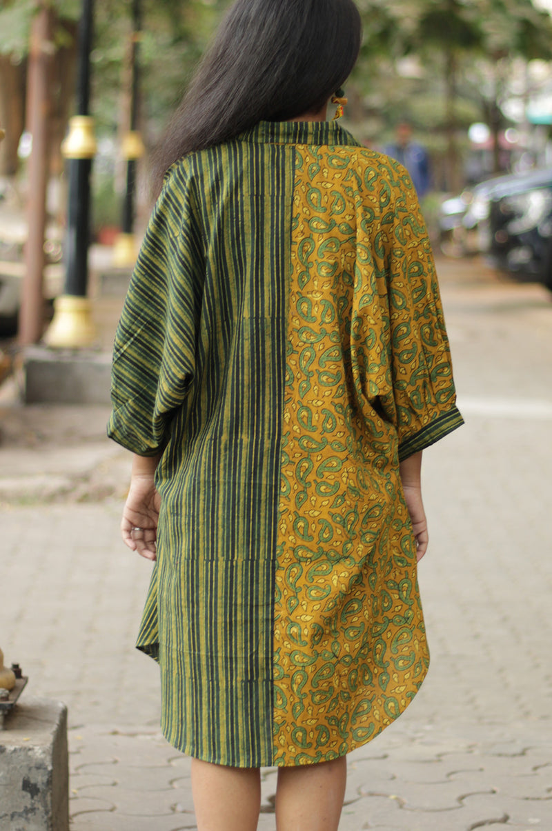 Maati | Belted Shirt Dress | Mustard Kairi & Stripes Ajrakh