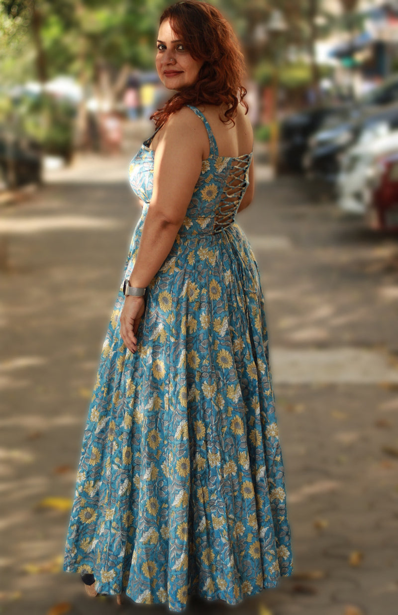 Tarangini |Long  Kali Dress | Blue & Yellow Florals Sanganeri