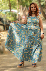 Tarangini |Long  Kali Dress | Blue & Yellow Florals Sanganeri