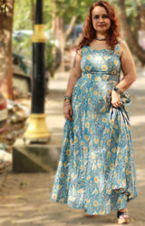 Tarangini |Long  Kali Dress | Blue & Yellow Florals Sanganeri