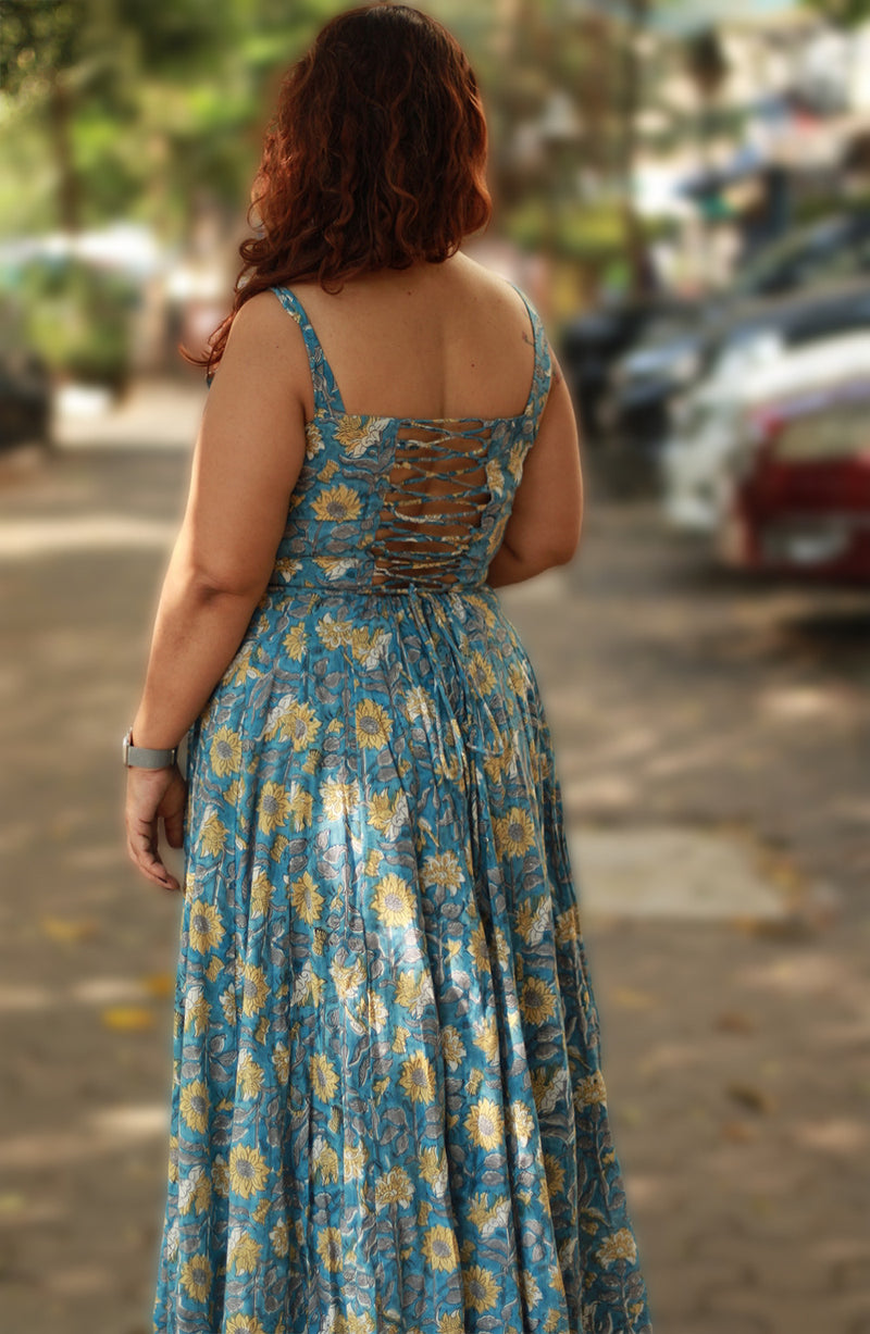 Tarangini |Long  Kali Dress | Blue & Yellow Florals Sanganeri