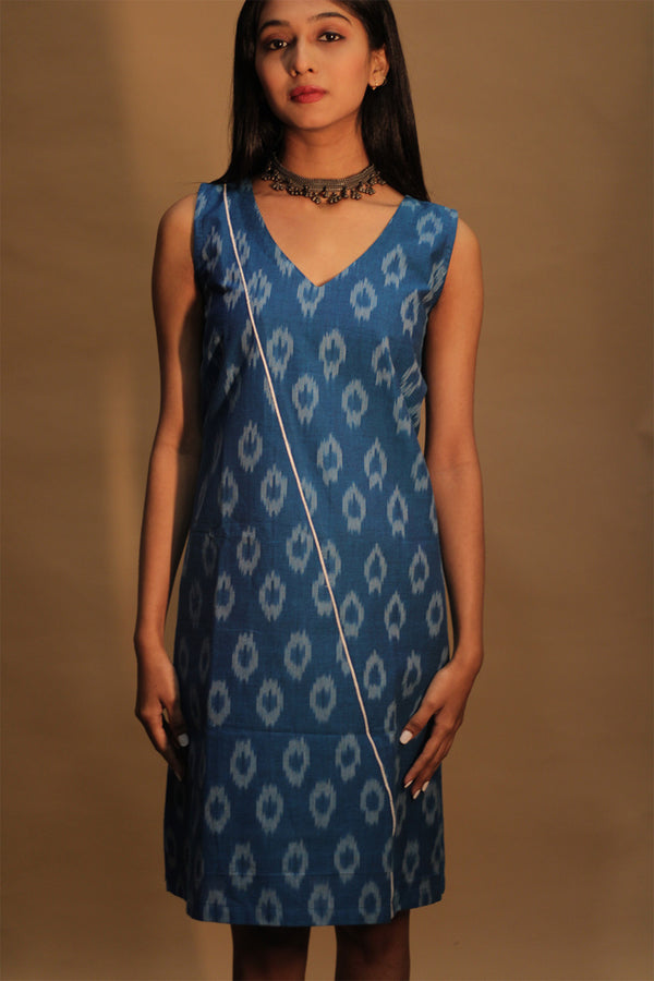 Amaira | Sleeveless Short Dress | Ink Blue Ikkat