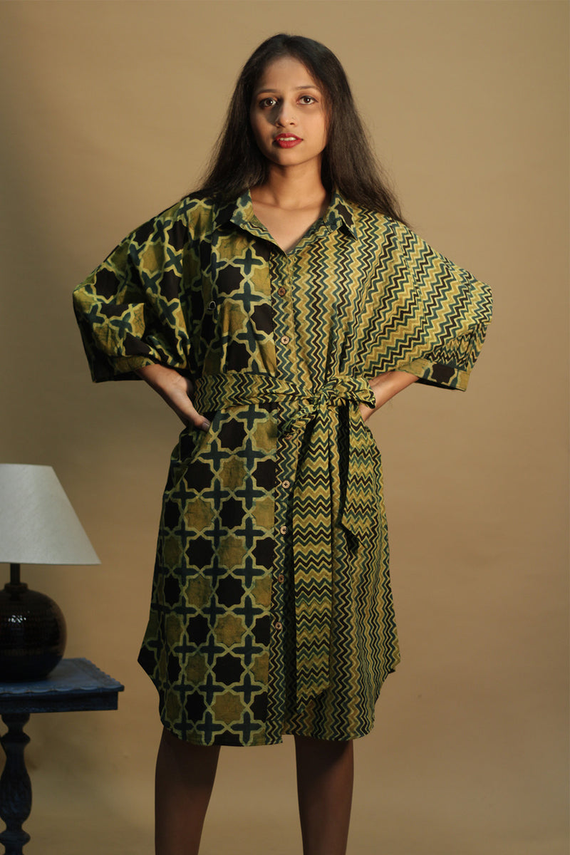 Maati | Belted Shirt Dress | Mustard Chevron & Shatkon Ajrakh