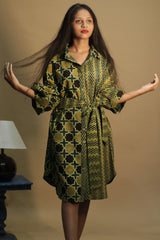 Maati | Belted Shirt Dress | Mustard Chevron & Shatkon Ajrakh