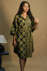 Maati | Belted Shirt Dress | Mustard Chevron & Shatkon Ajrakh