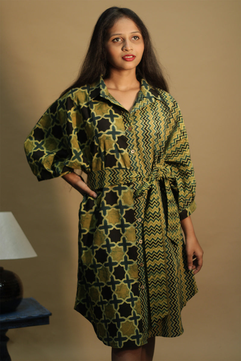 Maati | Belted Shirt Dress | Mustard Chevron & Shatkon Ajrakh