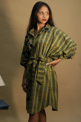 Maati | Belted Shirt Dress | Mustard Chevron & Shatkon Ajrakh