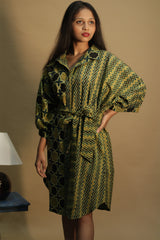 Maati | Belted Shirt Dress | Mustard Chevron & Shatkon Ajrakh