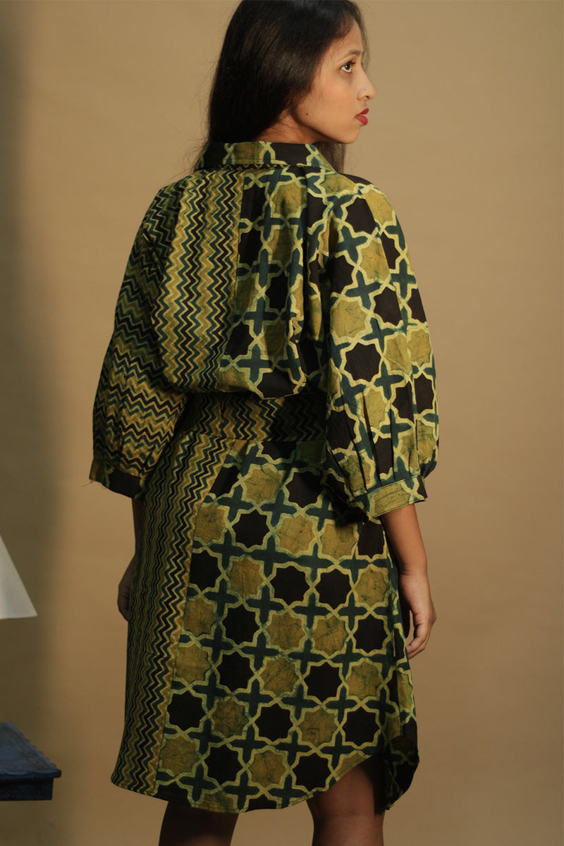 Maati | Belted Shirt Dress | Mustard Chevron & Shatkon Ajrakh