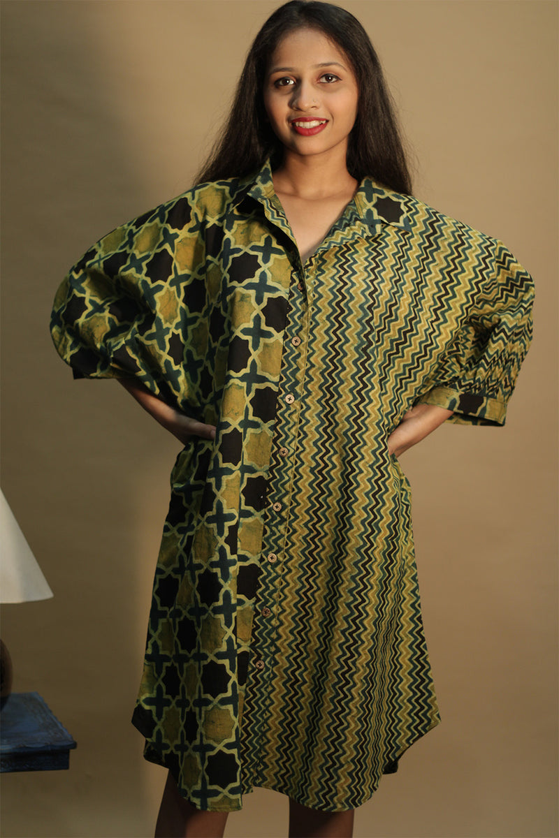 Maati | Belted Shirt Dress | Mustard Chevron & Shatkon Ajrakh