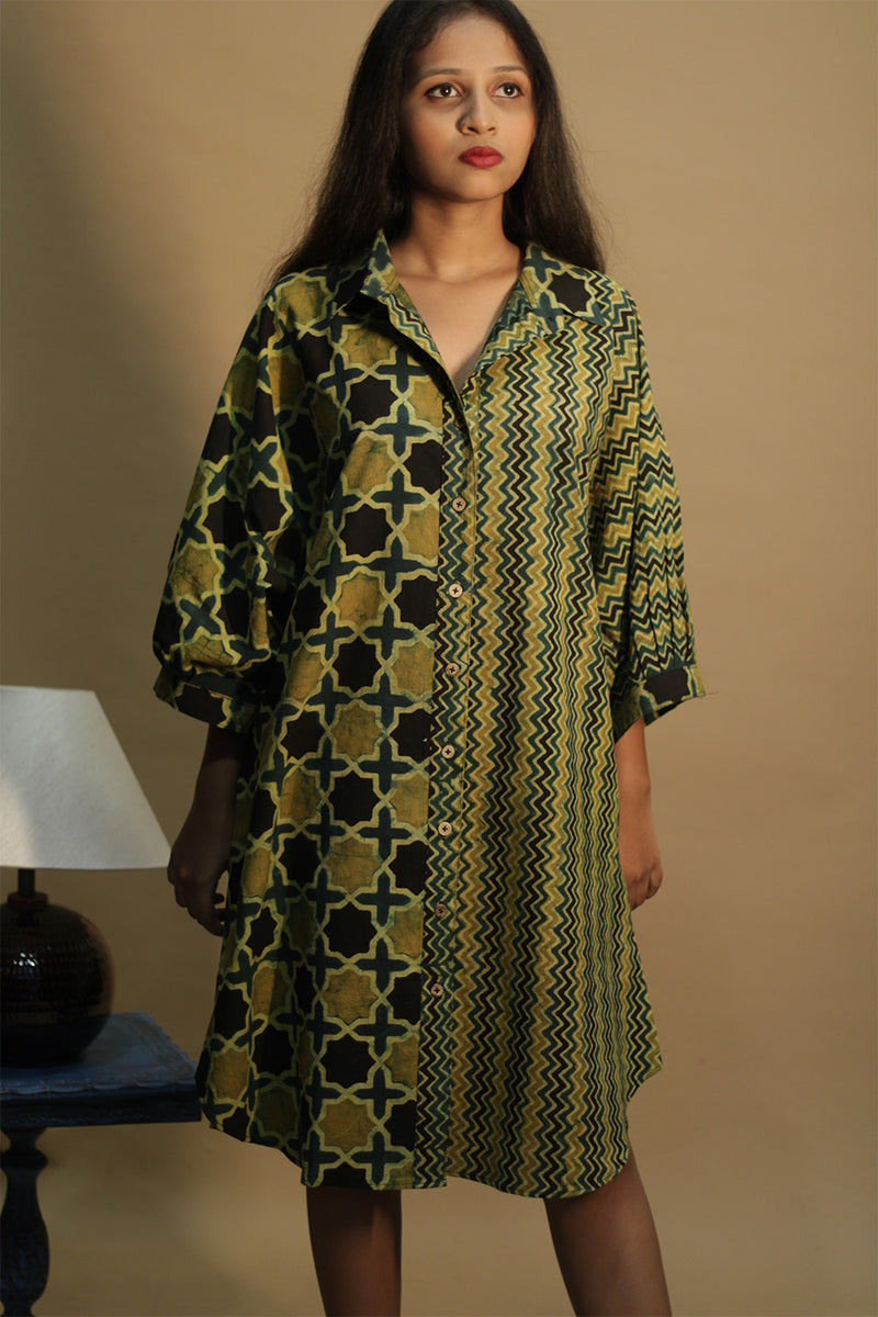 Maati | Belted Shirt Dress | Mustard Chevron & Shatkon Ajrakh