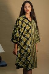 Maati | Belted Shirt Dress | Mustard Chevron & Shatkon Ajrakh