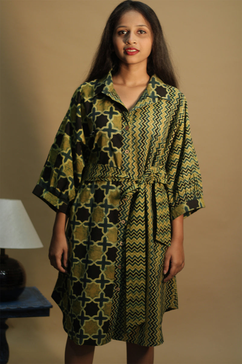 Maati | Belted Shirt Dress | Mustard Chevron & Shatkon Ajrakh