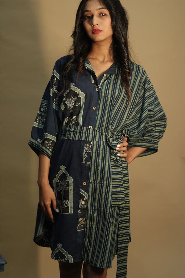 Maati | Belted Shirt Dress | Sea green Jharokha & Stripes Ajrakh