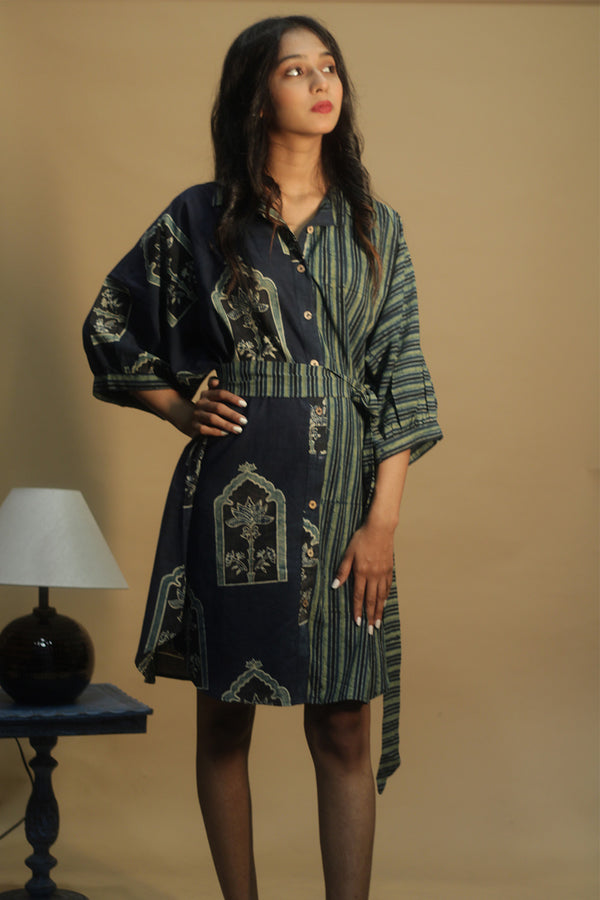 Maati | Belted Shirt Dress | Sea green Jharokha & Stripes Ajrakh