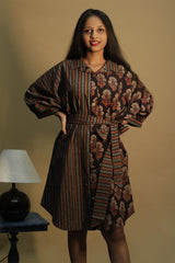 Maati | Belted Shirt Dress | Noir  Floral &  Stripes Ajrakh