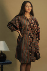 Maati | Belted Shirt Dress | Noir  Floral &  Stripes Ajrakh