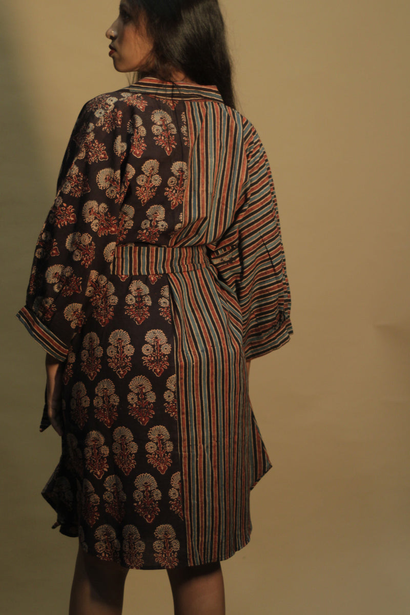 Maati | Belted Shirt Dress | Noir  Floral &  Stripes Ajrakh