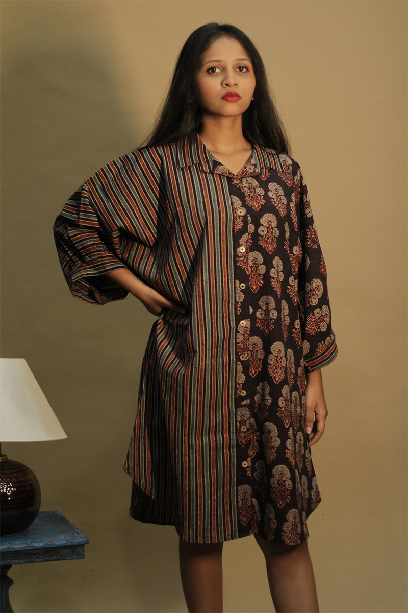 Maati | Belted Shirt Dress | Noir  Floral &  Stripes Ajrakh