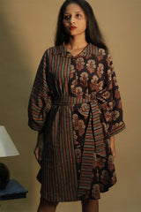 Maati | Belted Shirt Dress | Noir  Floral &  Stripes Ajrakh