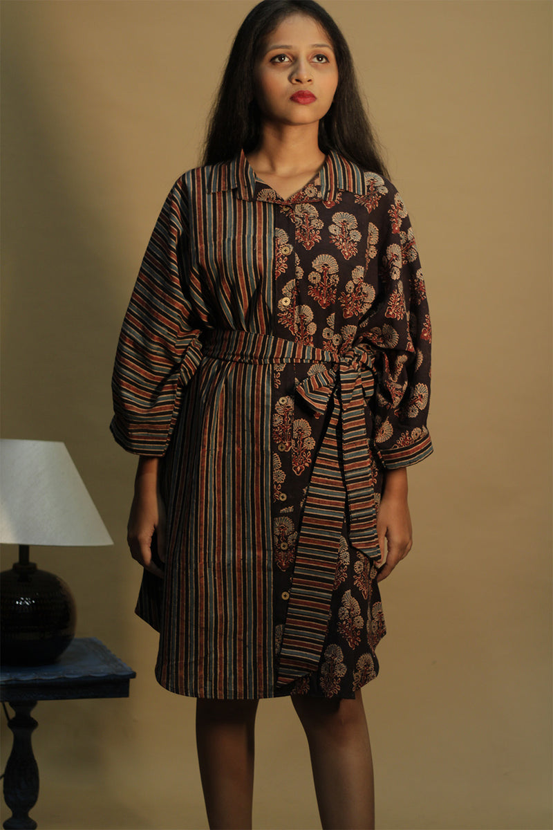 Maati | Belted Shirt Dress | Noir  Floral &  Stripes Ajrakh