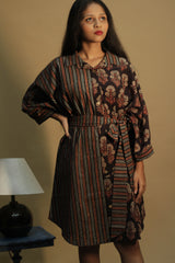 Maati | Belted Shirt Dress | Noir  Floral &  Stripes Ajrakh