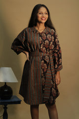 Maati | Belted Shirt Dress | Noir  Floral &  Stripes Ajrakh