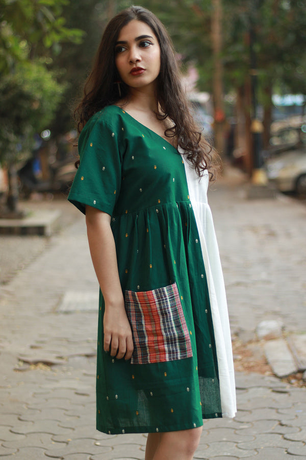 Fir Frost | Short Dress | Handloom Cotton & Gamcha