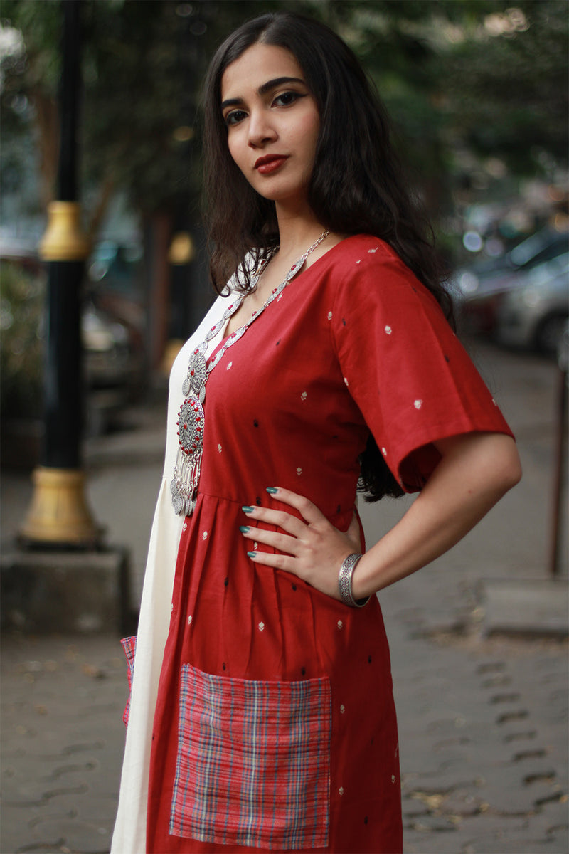 Cherry Frost | Short Dress | Handloom Cotton & Gamcha