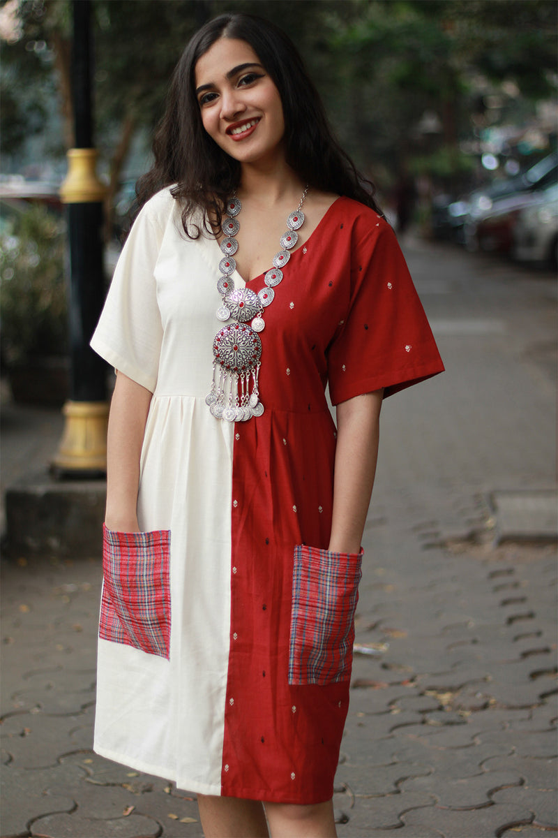 Cherry Frost | Short Dress | Handloom Cotton & Gamcha