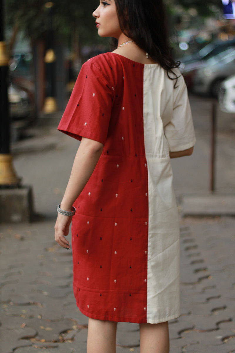 Cherry Frost | Short Dress | Handloom Cotton & Gamcha