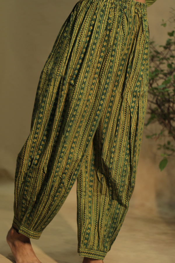 Suhaira | Harem Pants | Mustard yellow & Green abstract stripes Ajrakh