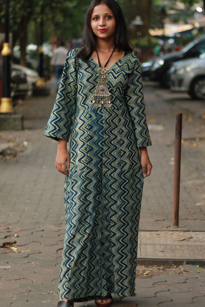 Anurima | Angarkha Style Jumpsuit | Indigo Chevron Ajrakh