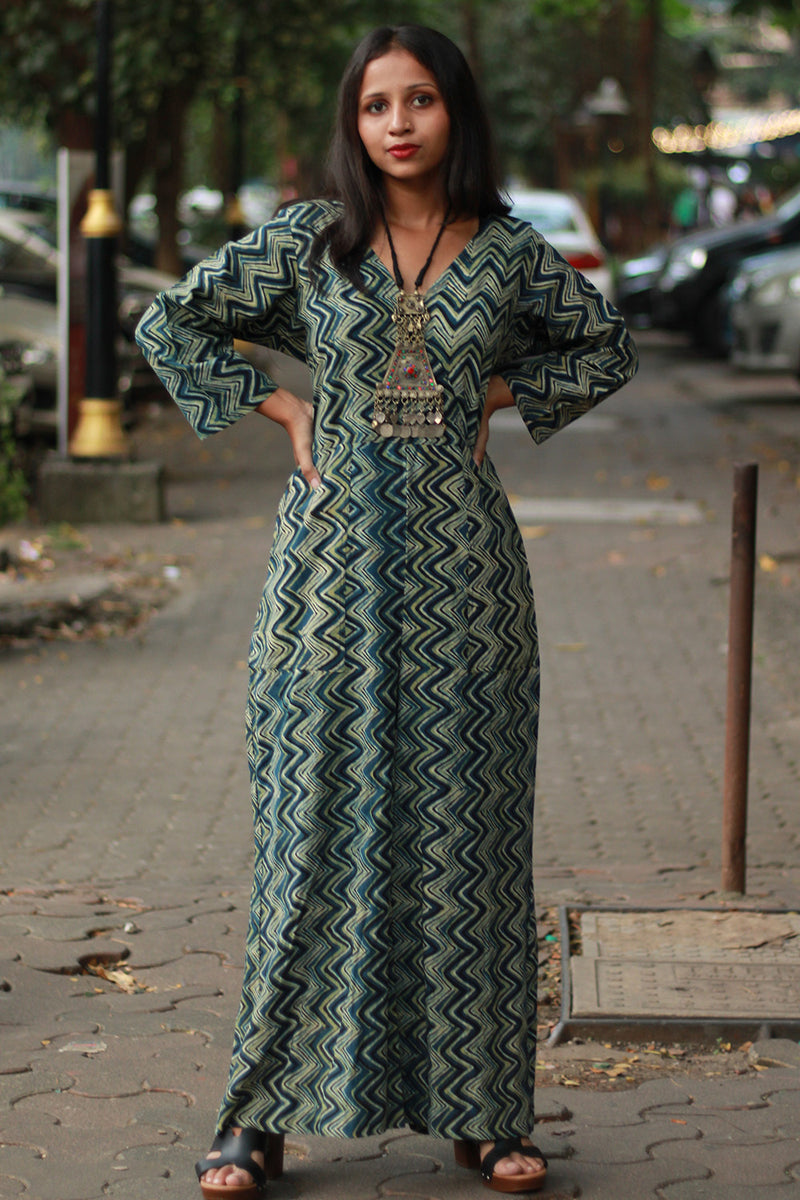 Anurima | Angarkha Style Jumpsuit | Indigo Chevron Ajrakh