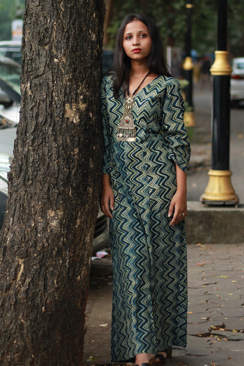 Anurima | Angarkha Style Jumpsuit | Indigo Chevron Ajrakh