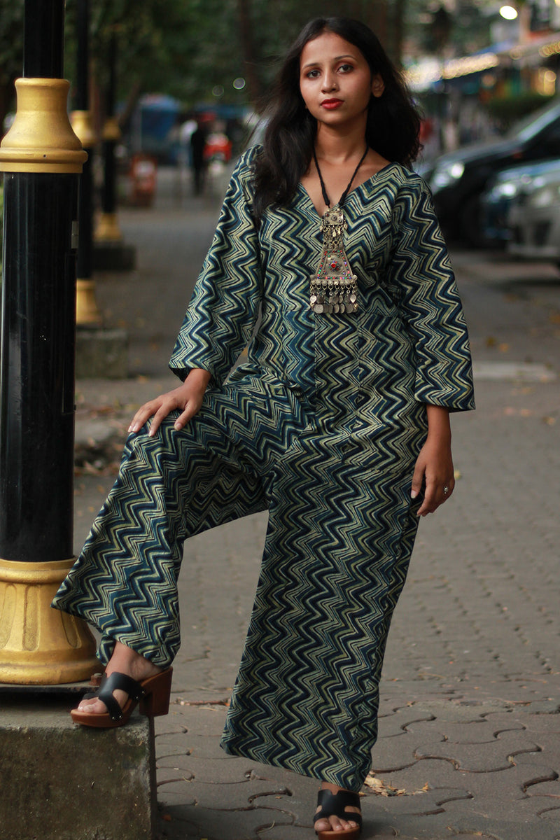 Anurima | Angarkha Style Jumpsuit | Indigo Chevron Ajrakh