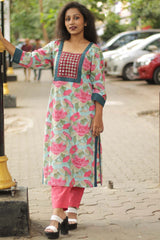 Turquoise Blossom- Sanganeri Mirrorwork Kurta