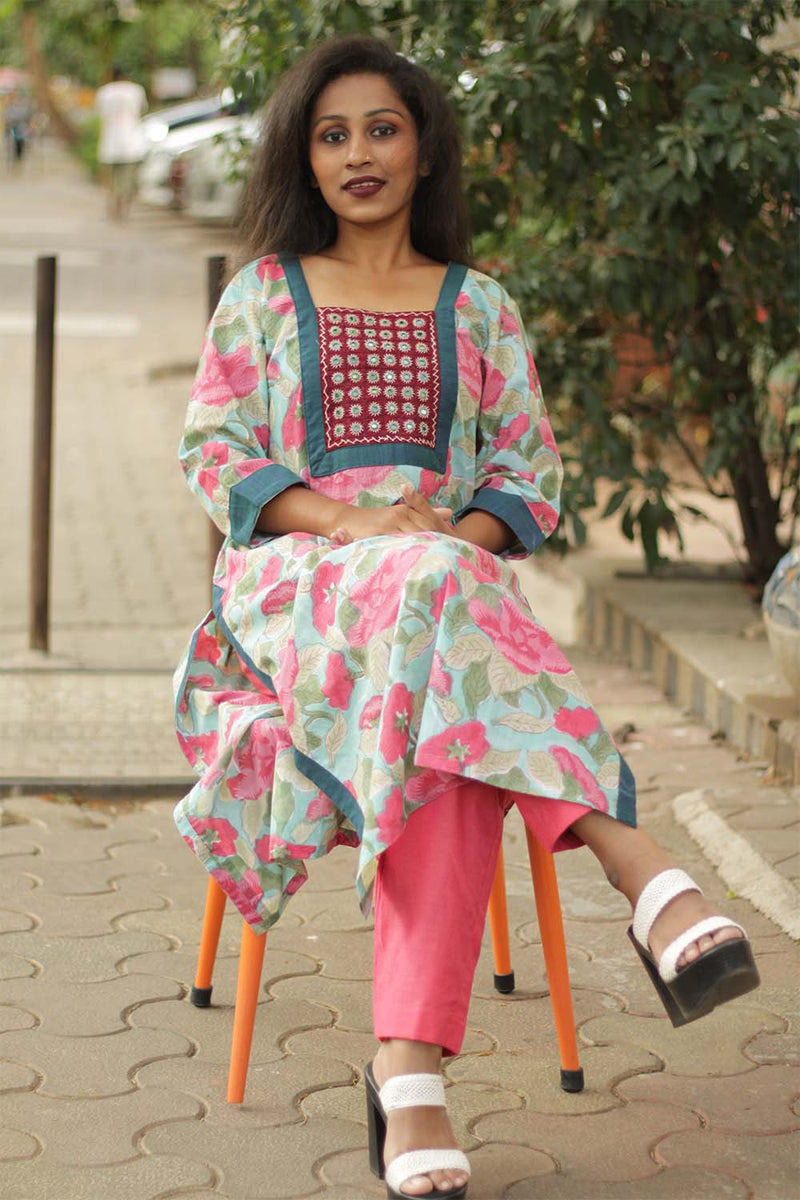 Turquoise Blossom- Sanganeri Mirrorwork Kurta