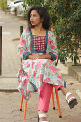 Turquoise Blossom- Sanganeri Mirrorwork Kurta