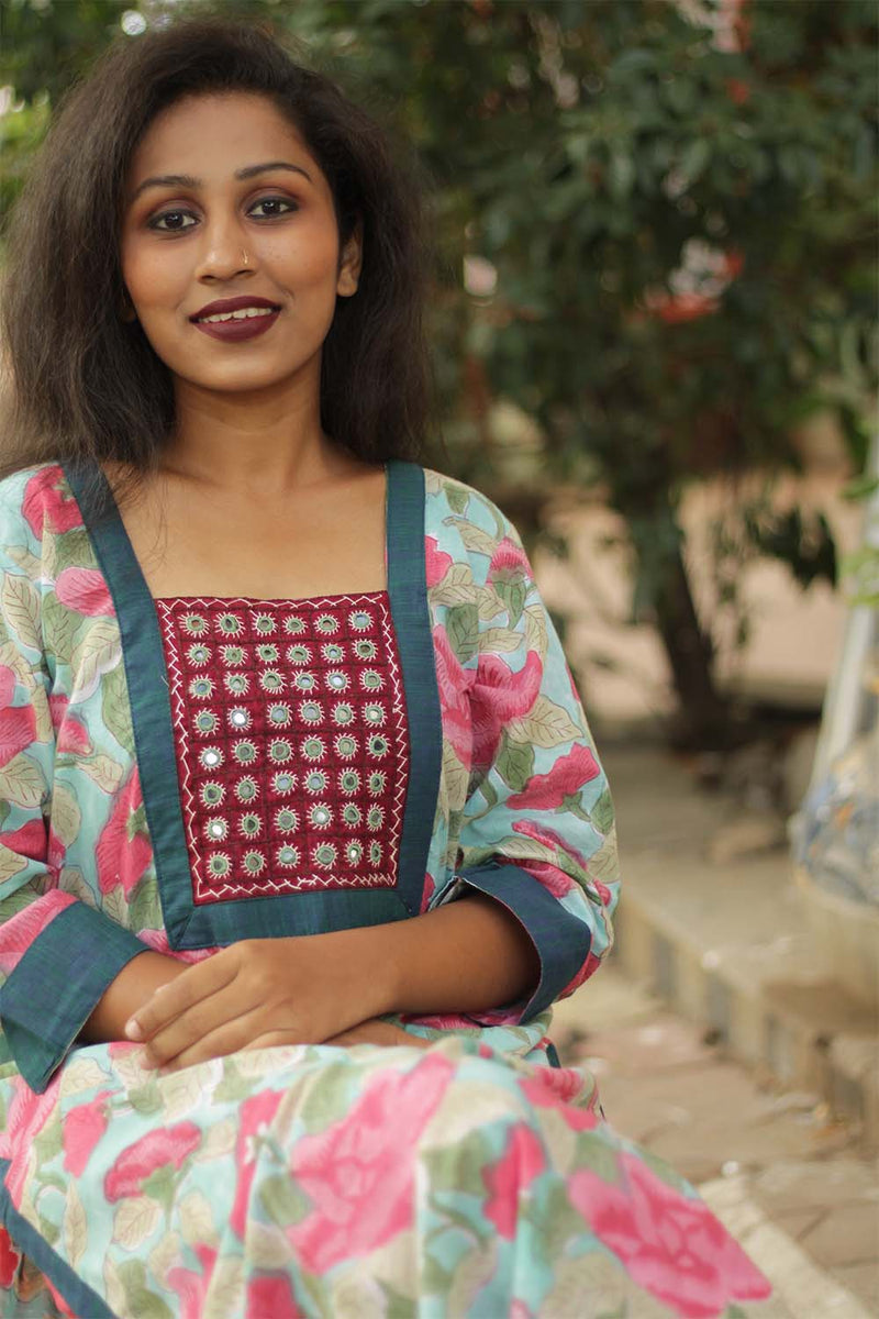 Turquoise Blossom- Sanganeri Mirrorwork Kurta